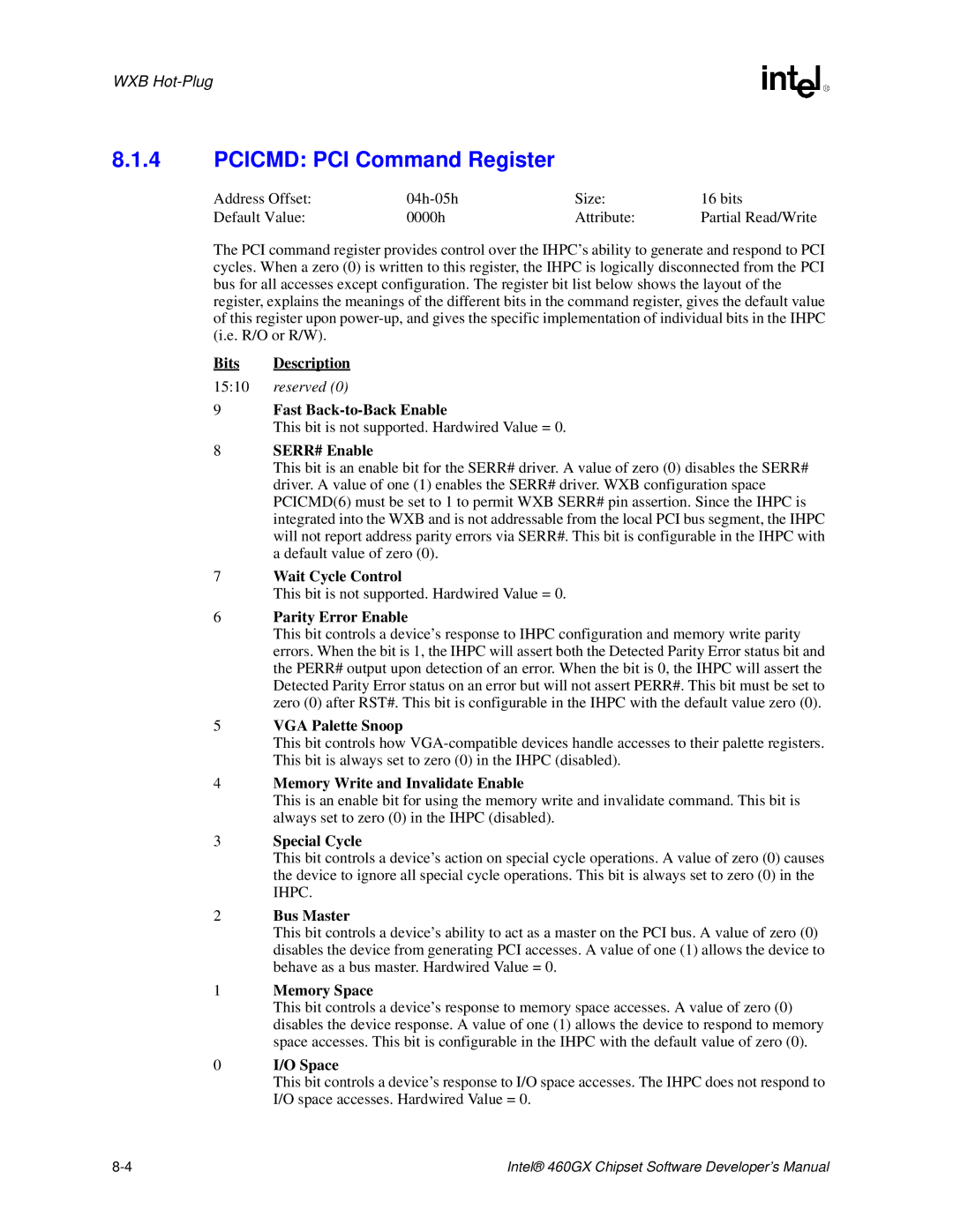 Intel 460GX manual Pcicmd PCI Command Register 