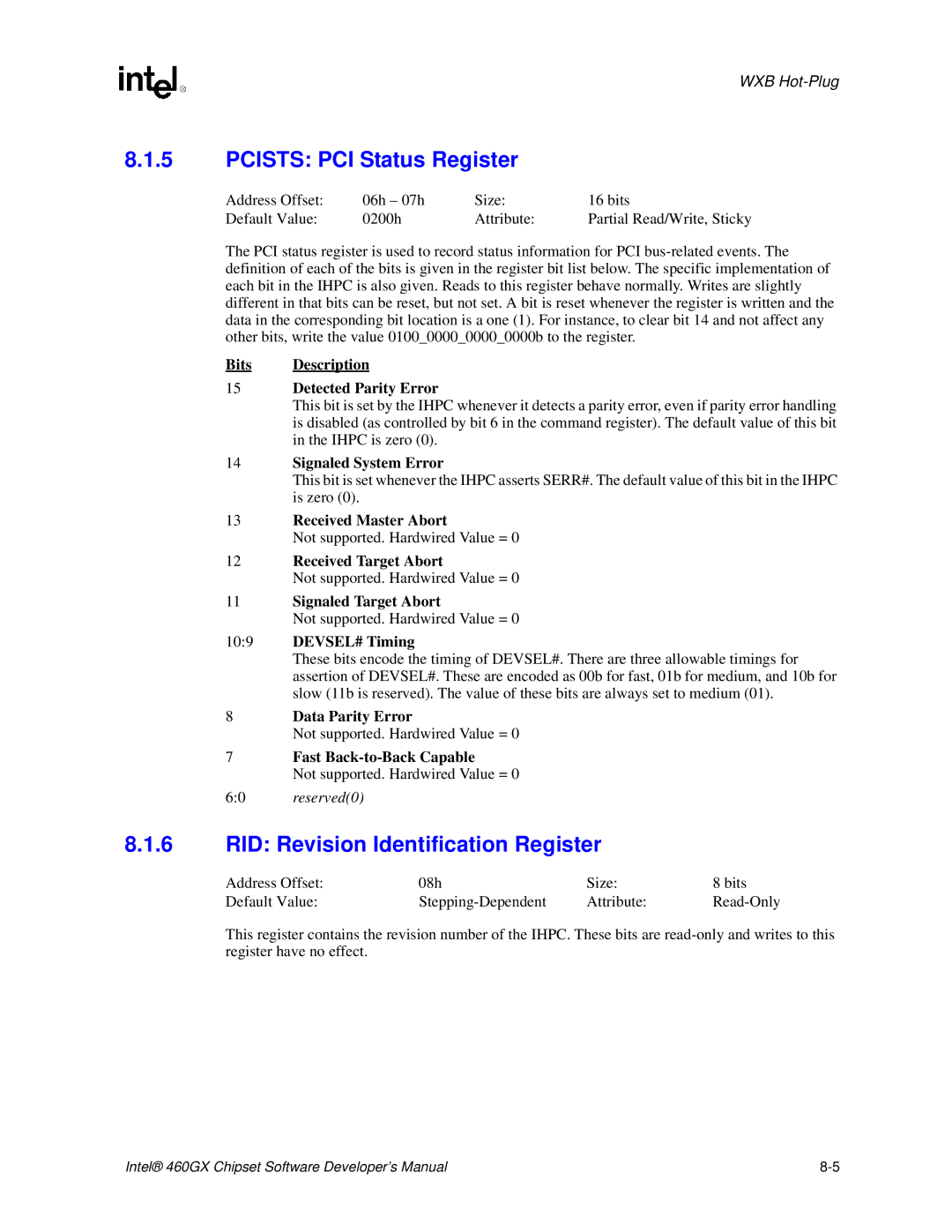 Intel 460GX manual Pcists PCI Status Register, RID Revision Identification Register 