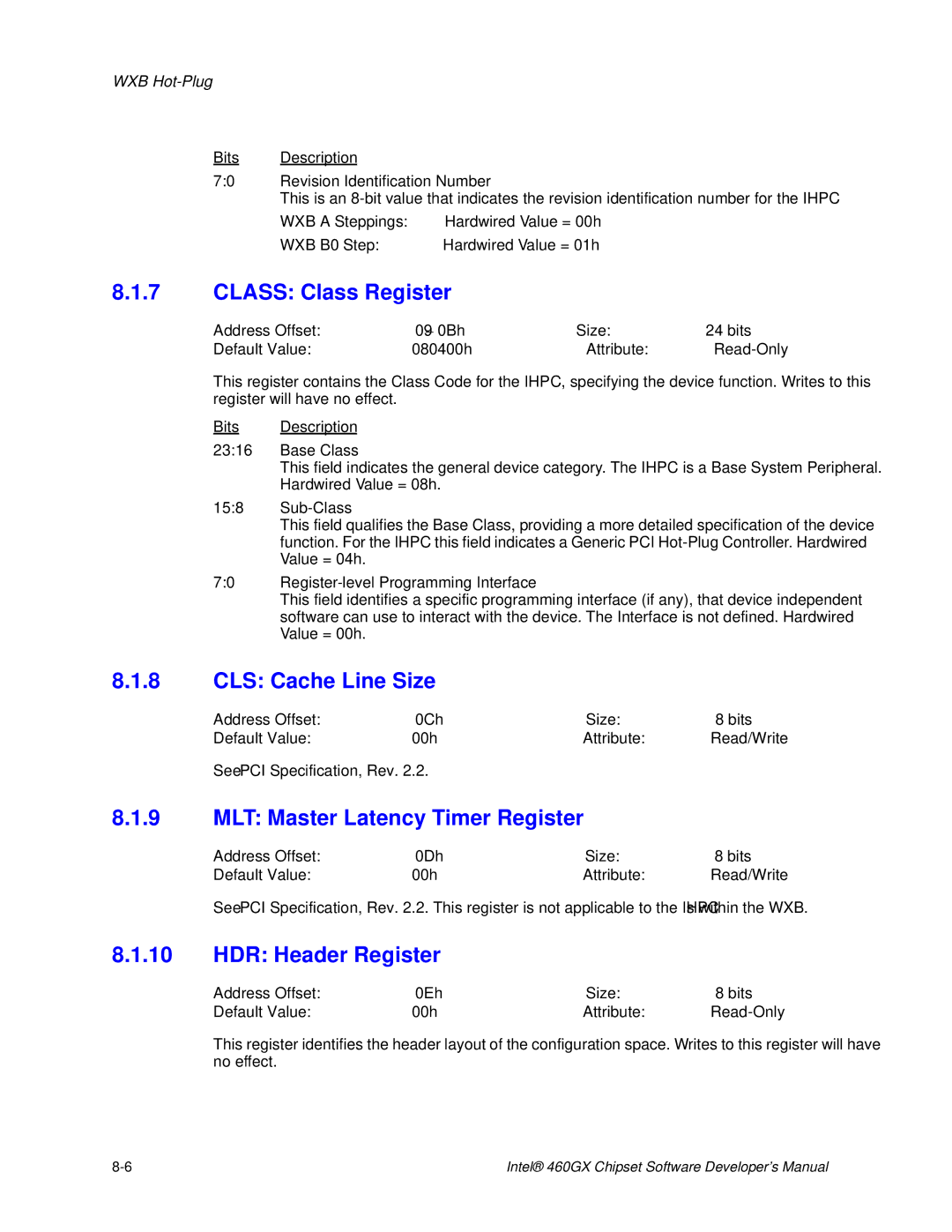 Intel 460GX manual Class Class Register, CLS Cache Line Size, MLT Master Latency Timer Register, HDR Header Register 