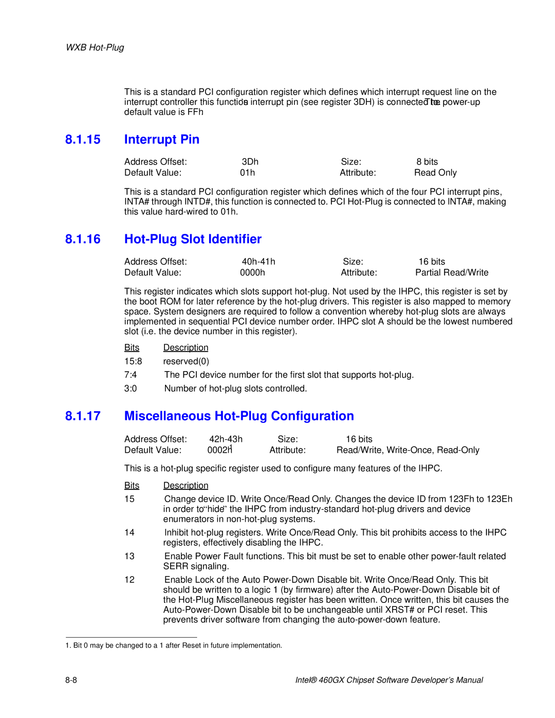 Intel 460GX manual Interrupt Pin, Hot-Plug Slot Identifier, Miscellaneous Hot-Plug Configuration 