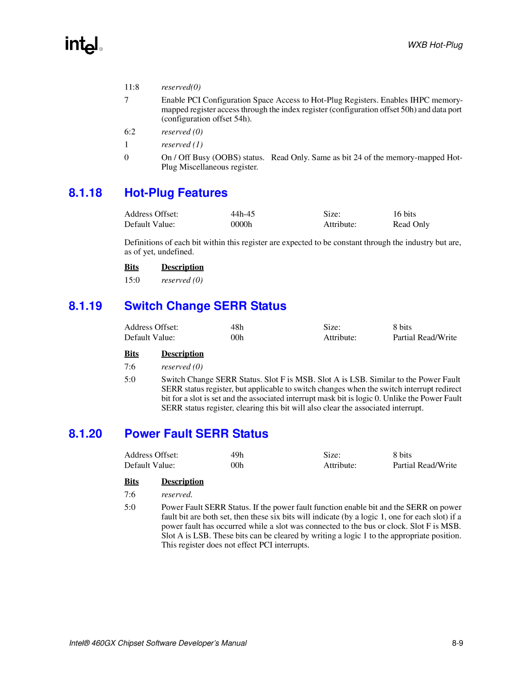 Intel 460GX manual Hot-Plug Features, Switch Change Serr Status, Power Fault Serr Status 