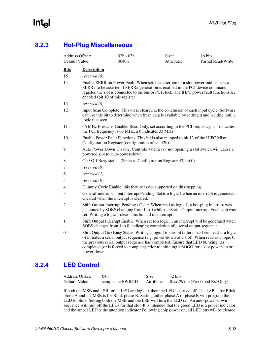 Intel 460GX manual Hot-Plug Miscellaneous, LED Control 