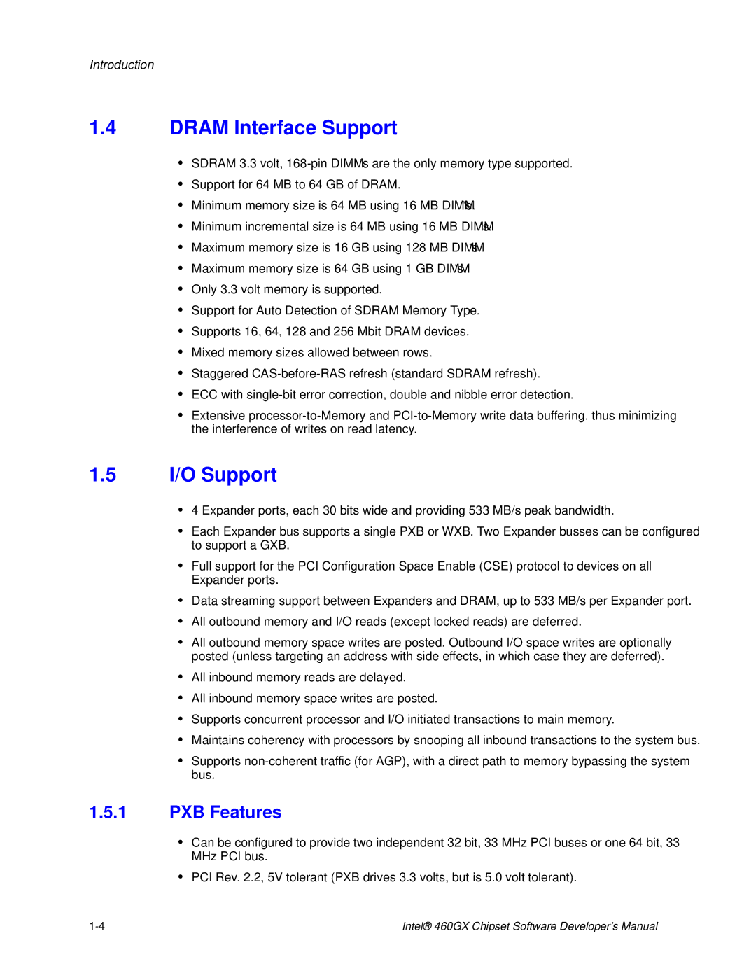 Intel 460GX manual Dram Interface Support, I/O Support, PXB Features 