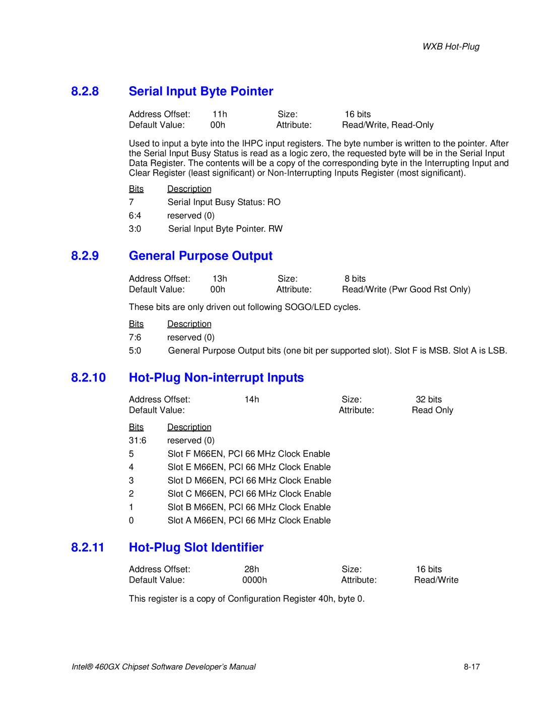 Intel 460GX manual Serial Input Byte Pointer, General Purpose Output, Hot-Plug Non-interrupt Inputs 