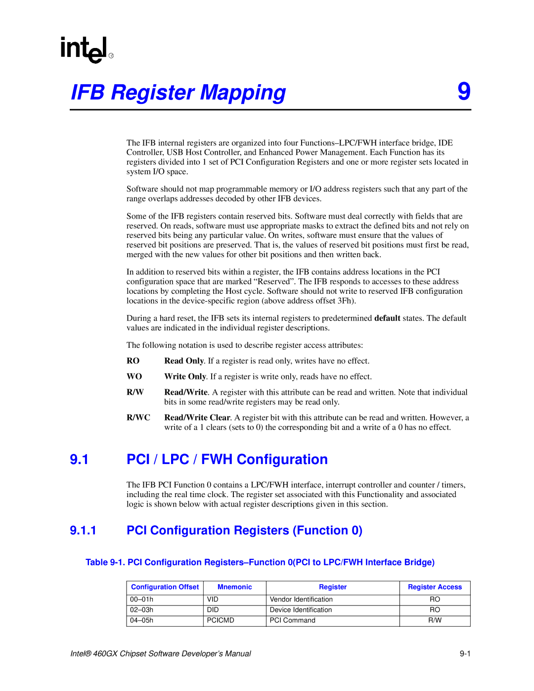 Intel 460GX manual IFB Register Mapping, PCI / LPC / FWH Configuration, PCI Configuration Registers Function 