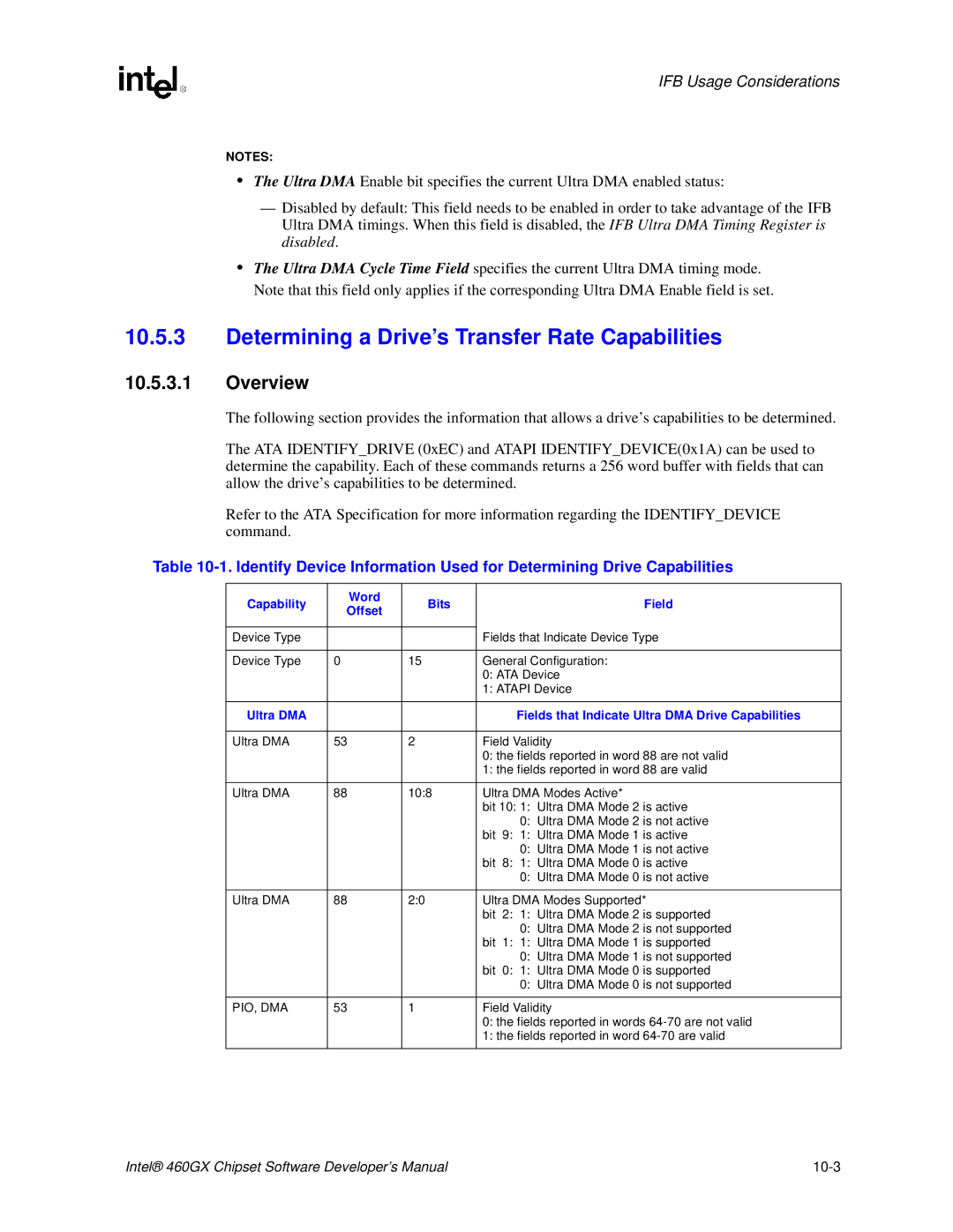 Intel 460GX manual Determining a Drive’s Transfer Rate Capabilities, Overview, Capability Word Bits Field Offset, Pio, Dma 