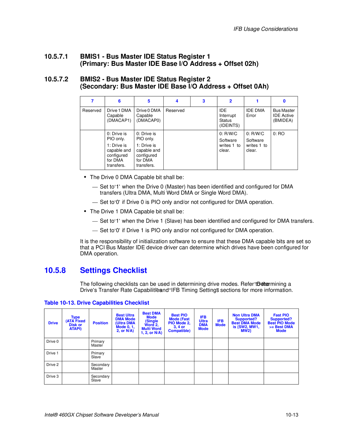 Intel 460GX manual Settings Checklist, Drive Capabilities Checklist 