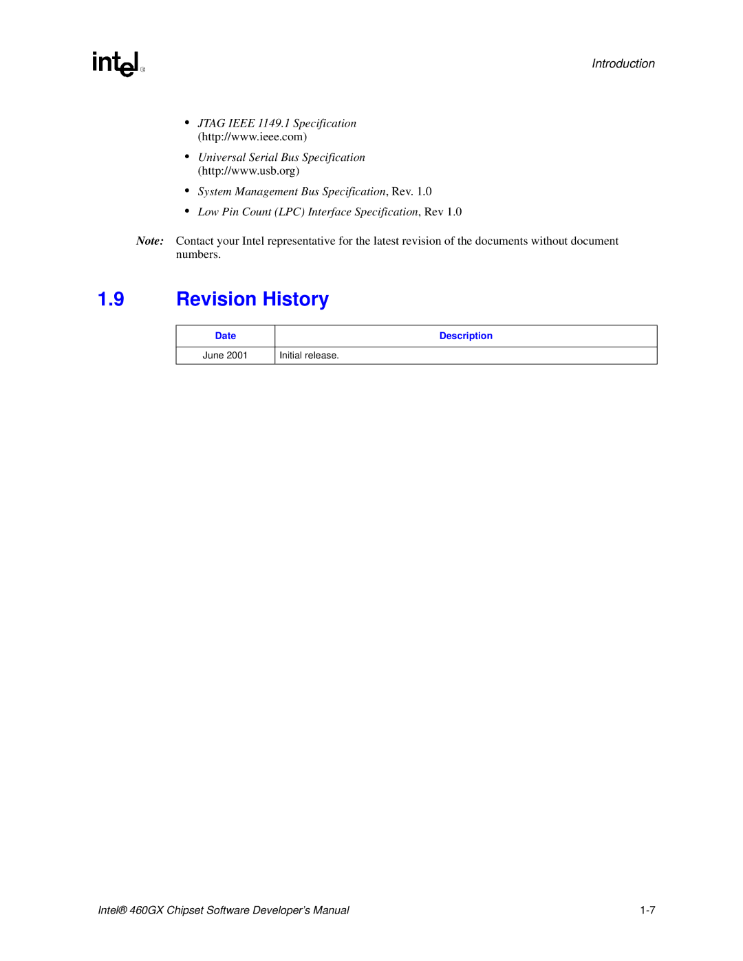 Intel 460GX manual Revision History, Date Description June Initial release 