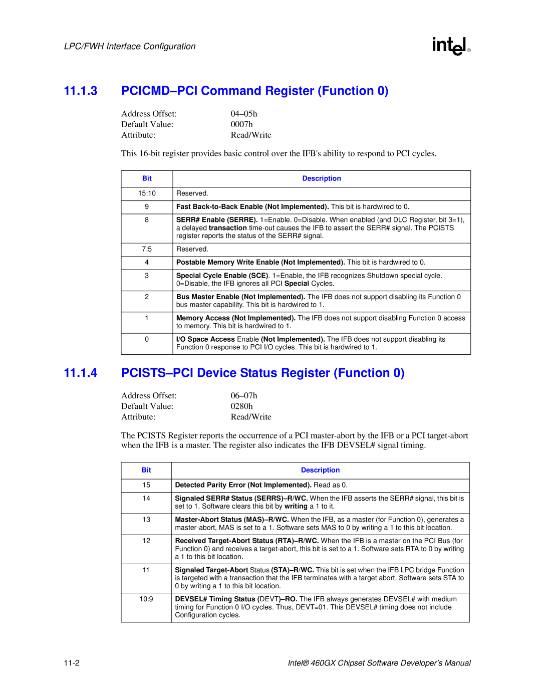 Intel 460GX manual PCICMD-PCI Command Register Function, PCISTS-PCI Device Status Register Function 