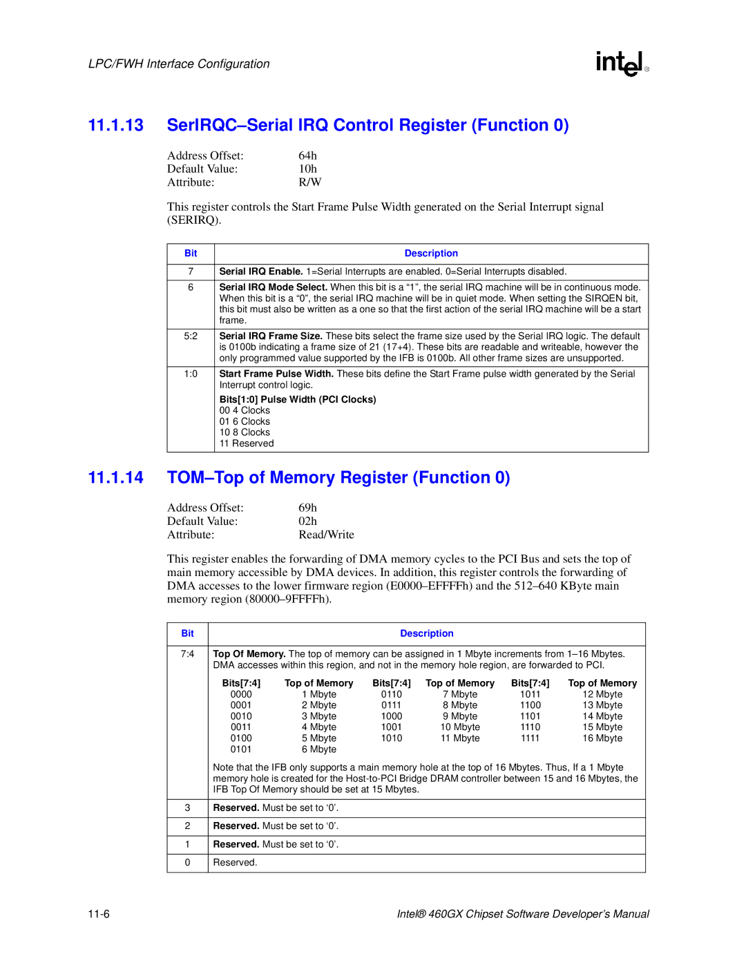 Intel 460GX manual SerIRQC-Serial IRQ Control Register Function, TOM-Top of Memory Register Function 