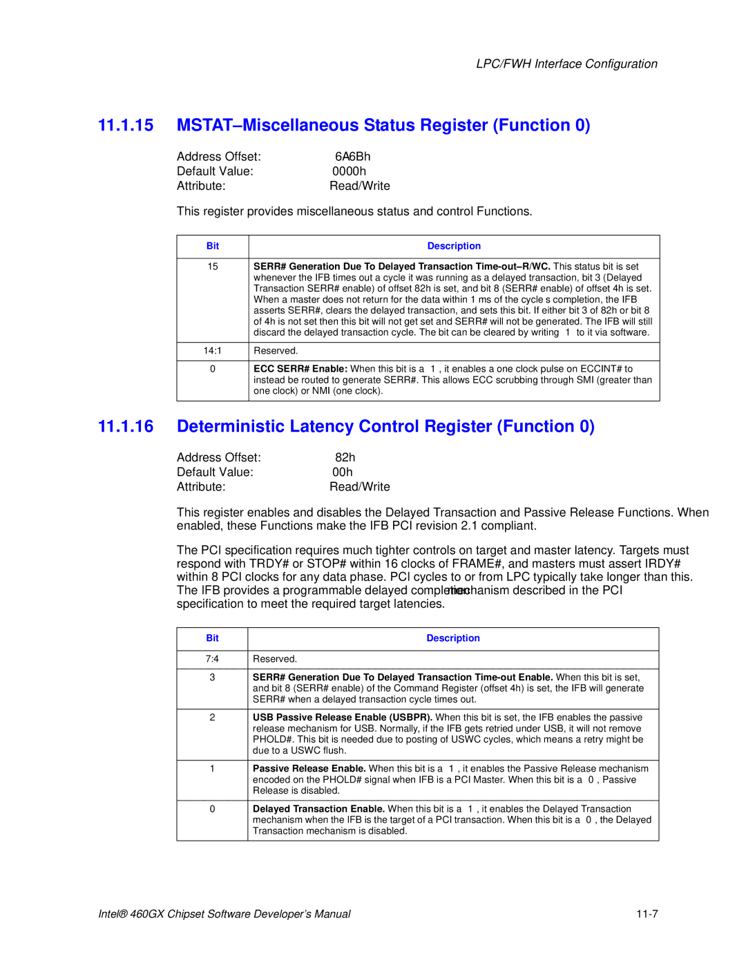 Intel 460GX manual MSTAT-Miscellaneous Status Register Function, Deterministic Latency Control Register Function 