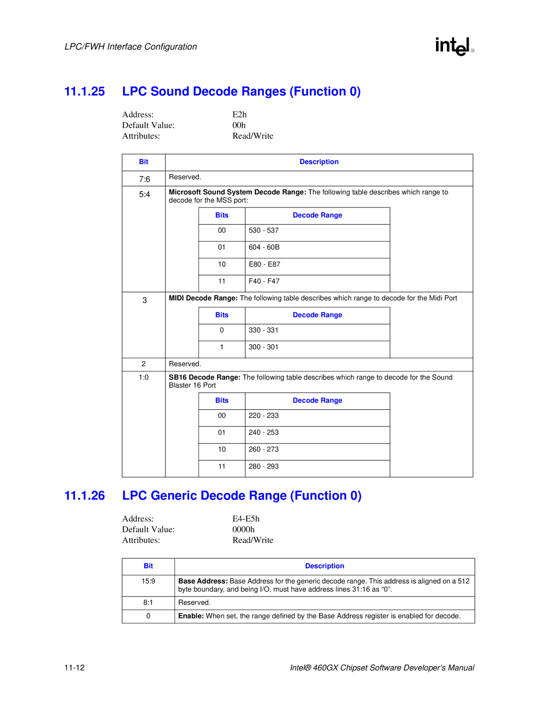 Intel 460GX LPC Sound Decode Ranges Function, LPC Generic Decode Range Function, 220 233 240 253 260 273 280 293, 11-12 