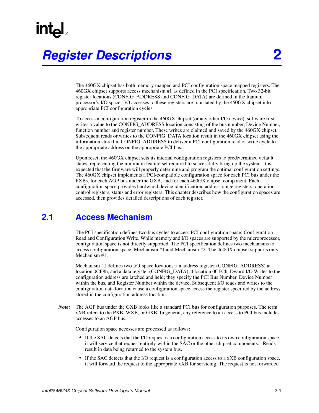 Intel 460GX manual Register Descriptions, Access Mechanism 