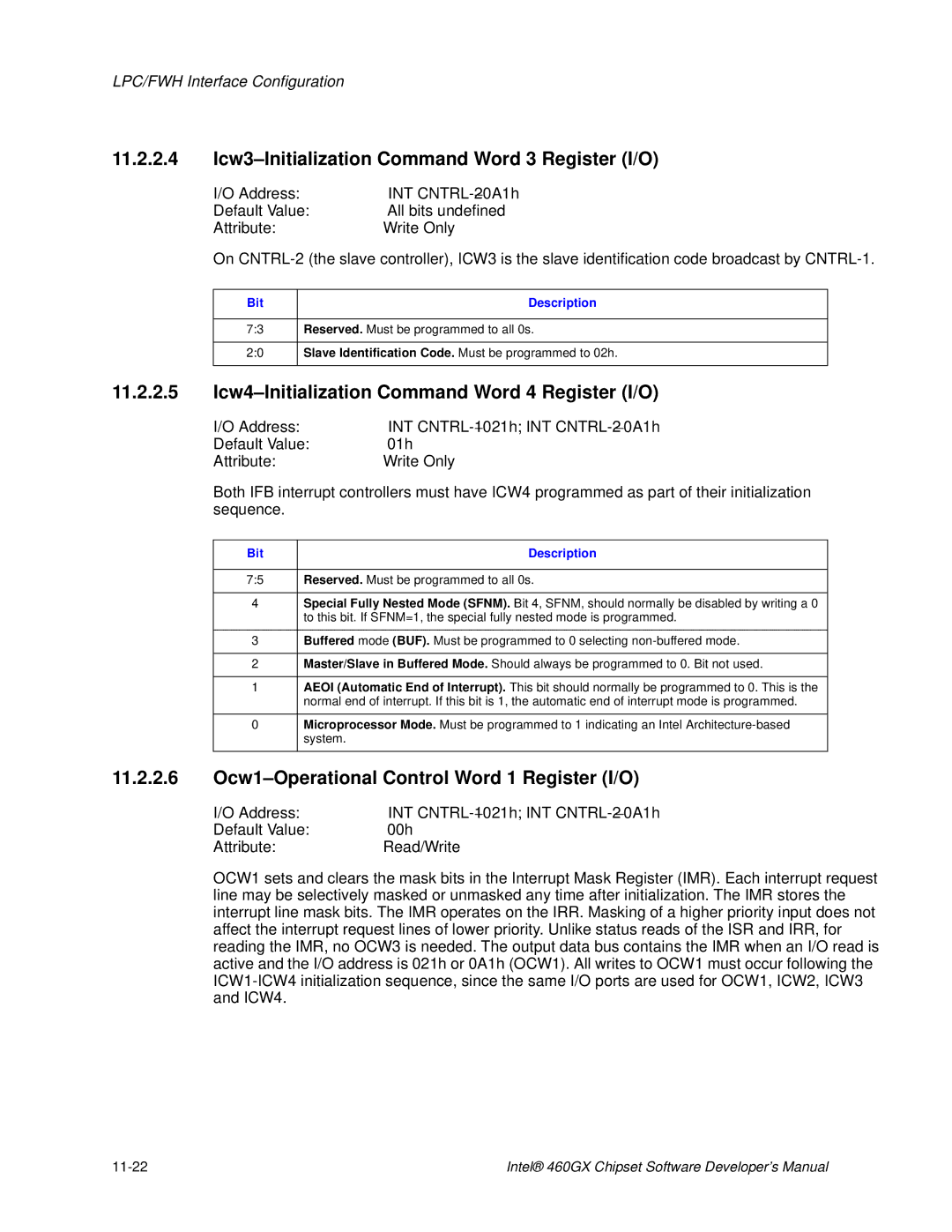 Intel 460GX manual 11.2.2.4 Icw3-Initialization Command Word 3 Register I/O, 11-22 