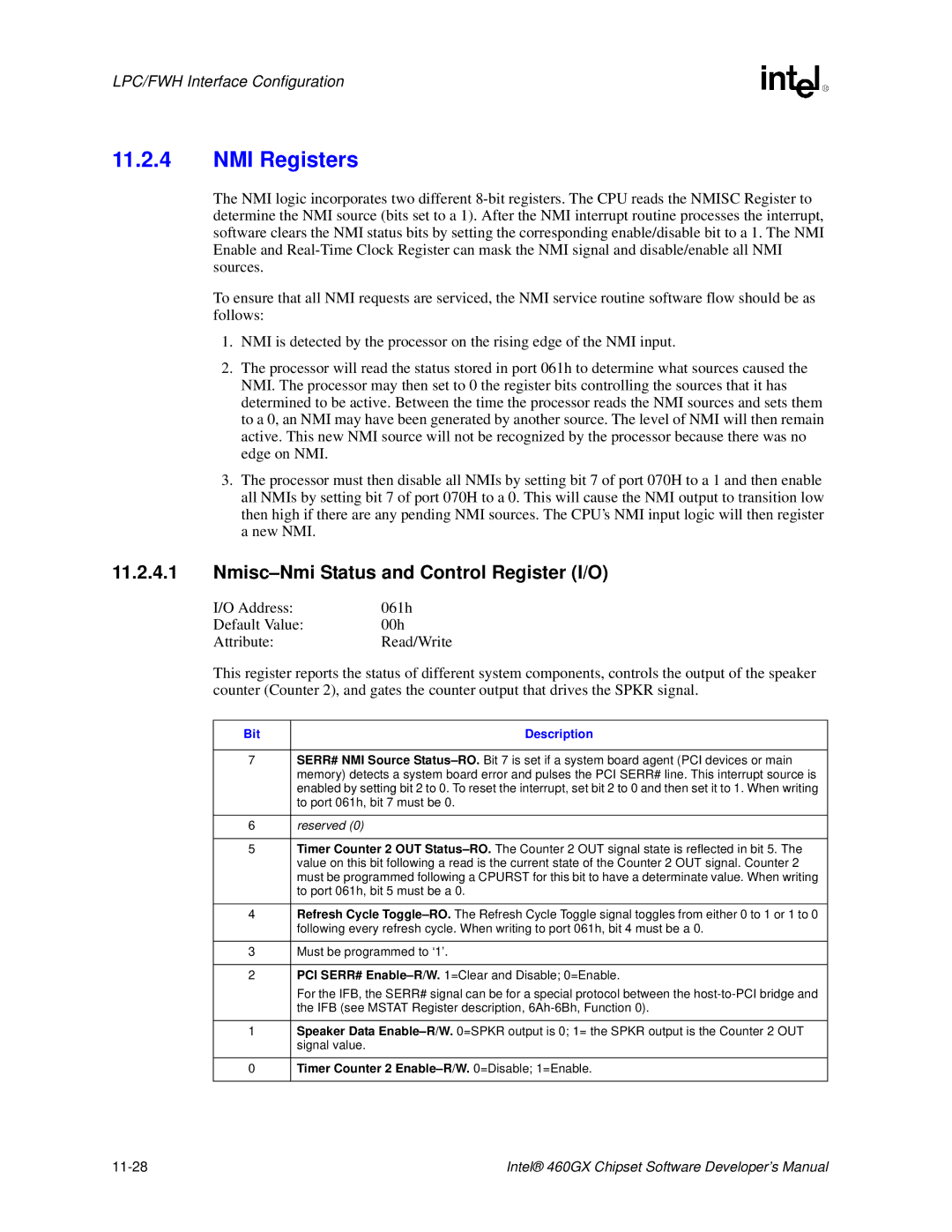 Intel 460GX manual NMI Registers, Nmisc-Nmi Status and Control Register I/O 