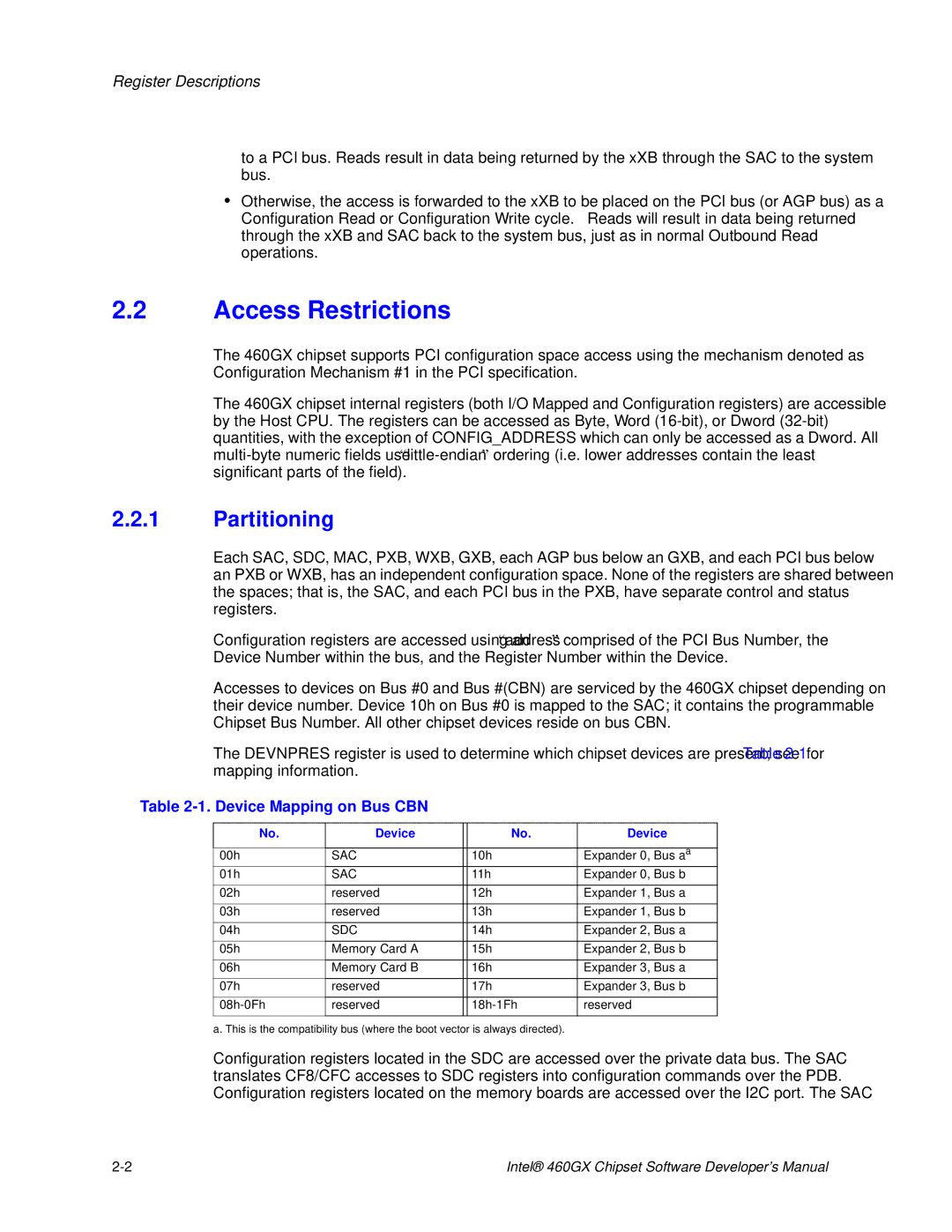 Intel 460GX manual Access Restrictions, Partitioning, Device Mapping on Bus CBN, Sac 