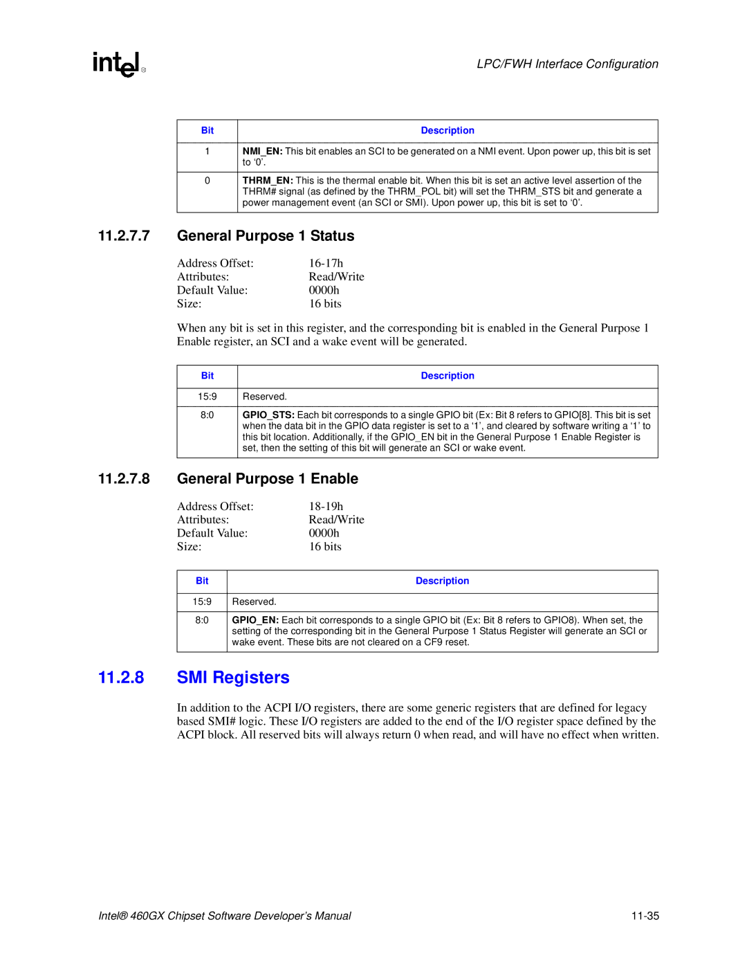 Intel 460GX manual SMI Registers, General Purpose 1 Status, General Purpose 1 Enable 