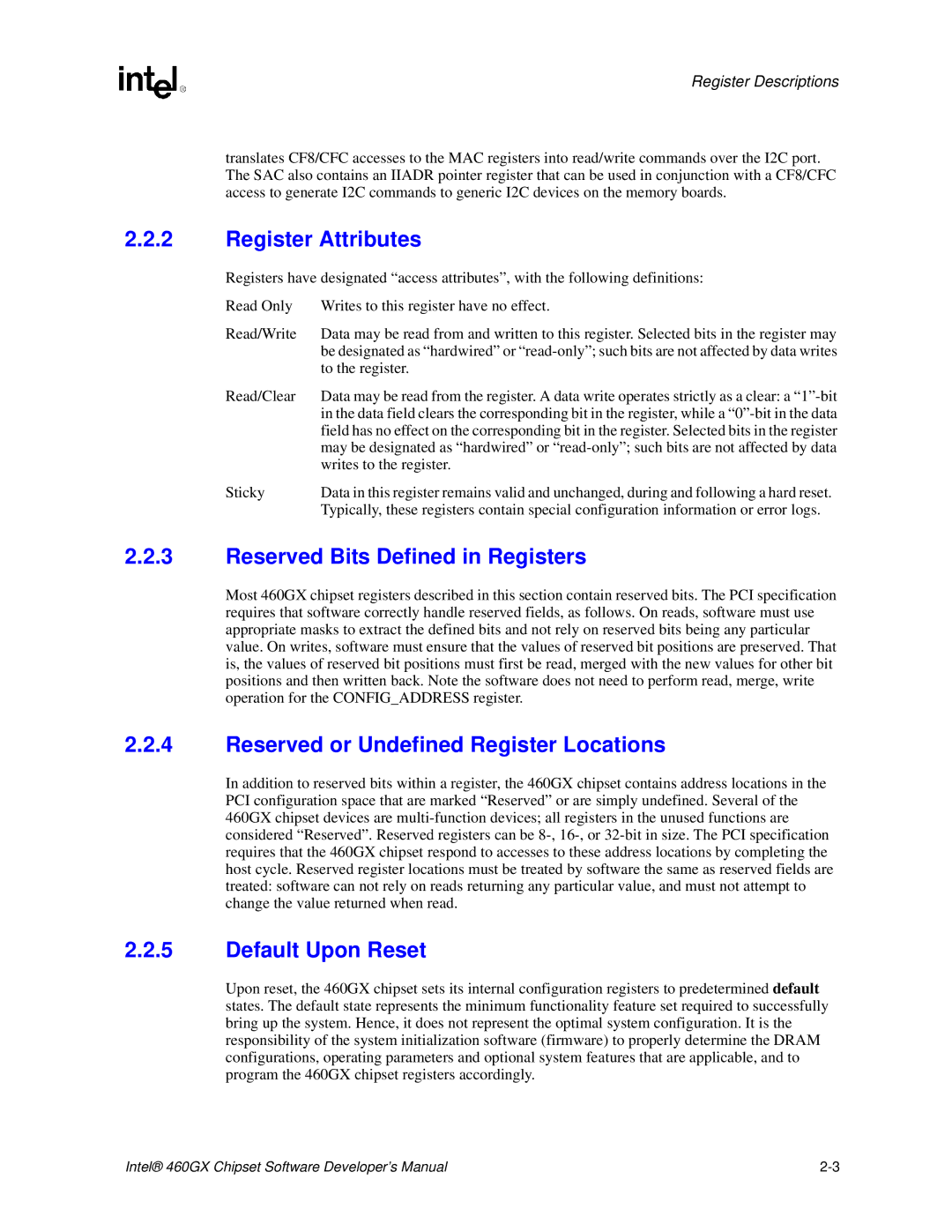 Intel 460GX manual Register Attributes, Reserved Bits Defined in Registers, Reserved or Undefined Register Locations 