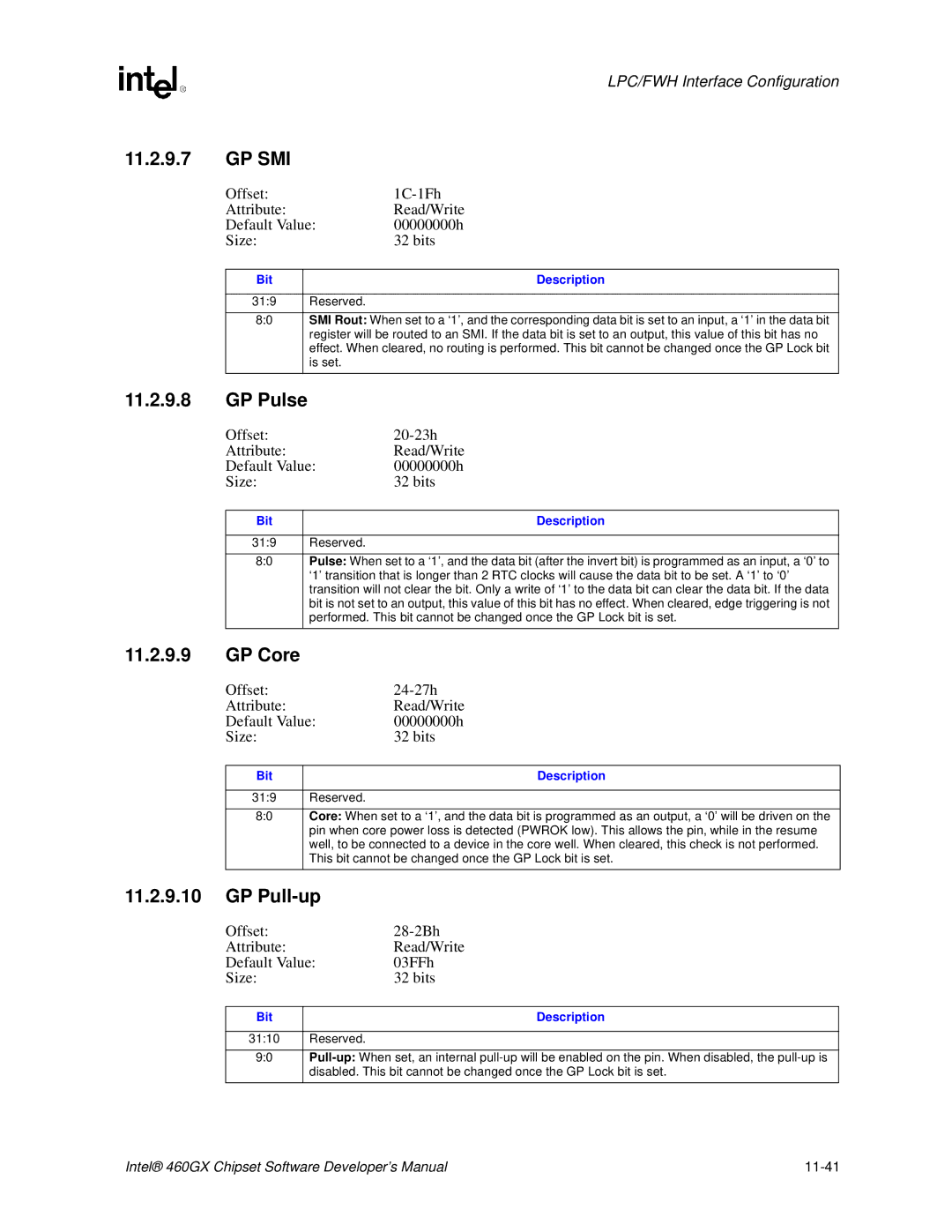 Intel 460GX manual Gp Smi, GP Pulse, GP Core, GP Pull-up 