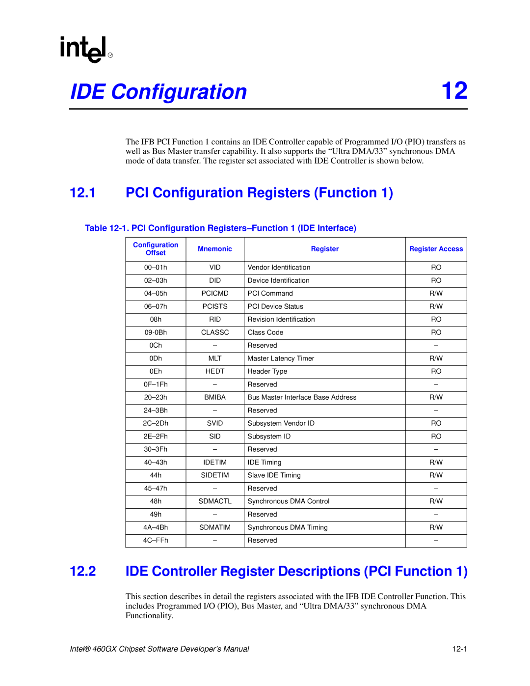 Intel 460GX IDE Configuration, PCI Configuration Registers Function, IDE Controller Register Descriptions PCI Function 