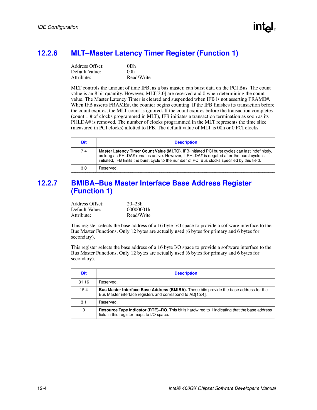 Intel 460GX manual MLT-Master Latency Timer Register Function, BMIBA-Bus Master Interface Base Address Register Function 