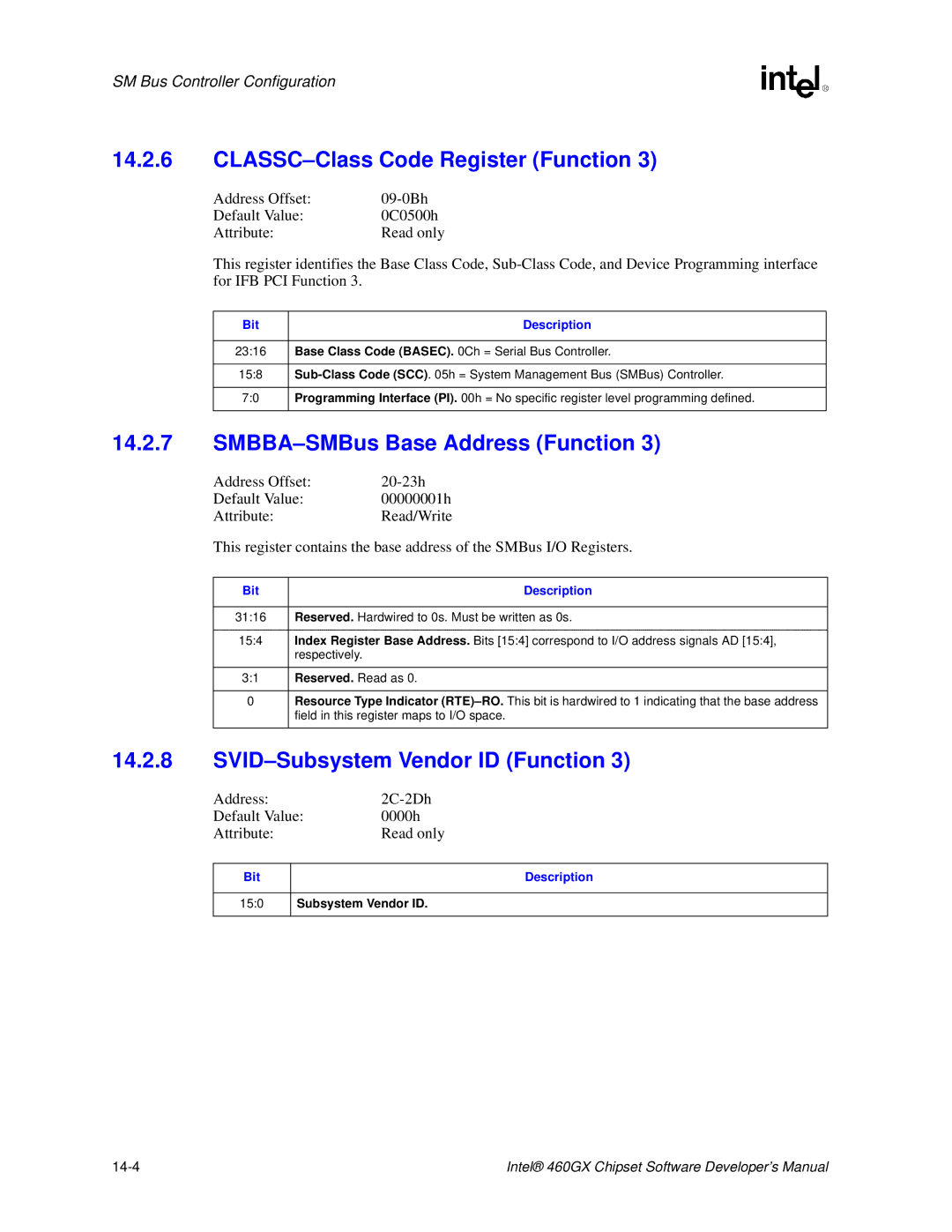 Intel 460GX manual SMBBA-SMBus Base Address Function, 14-4 