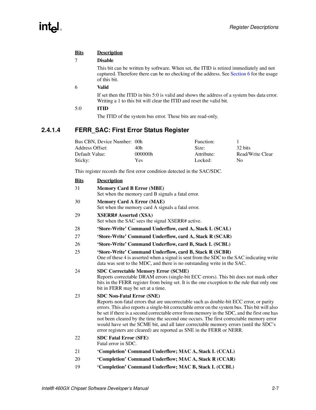 Intel 460GX manual Ferrsac First Error Status Register 