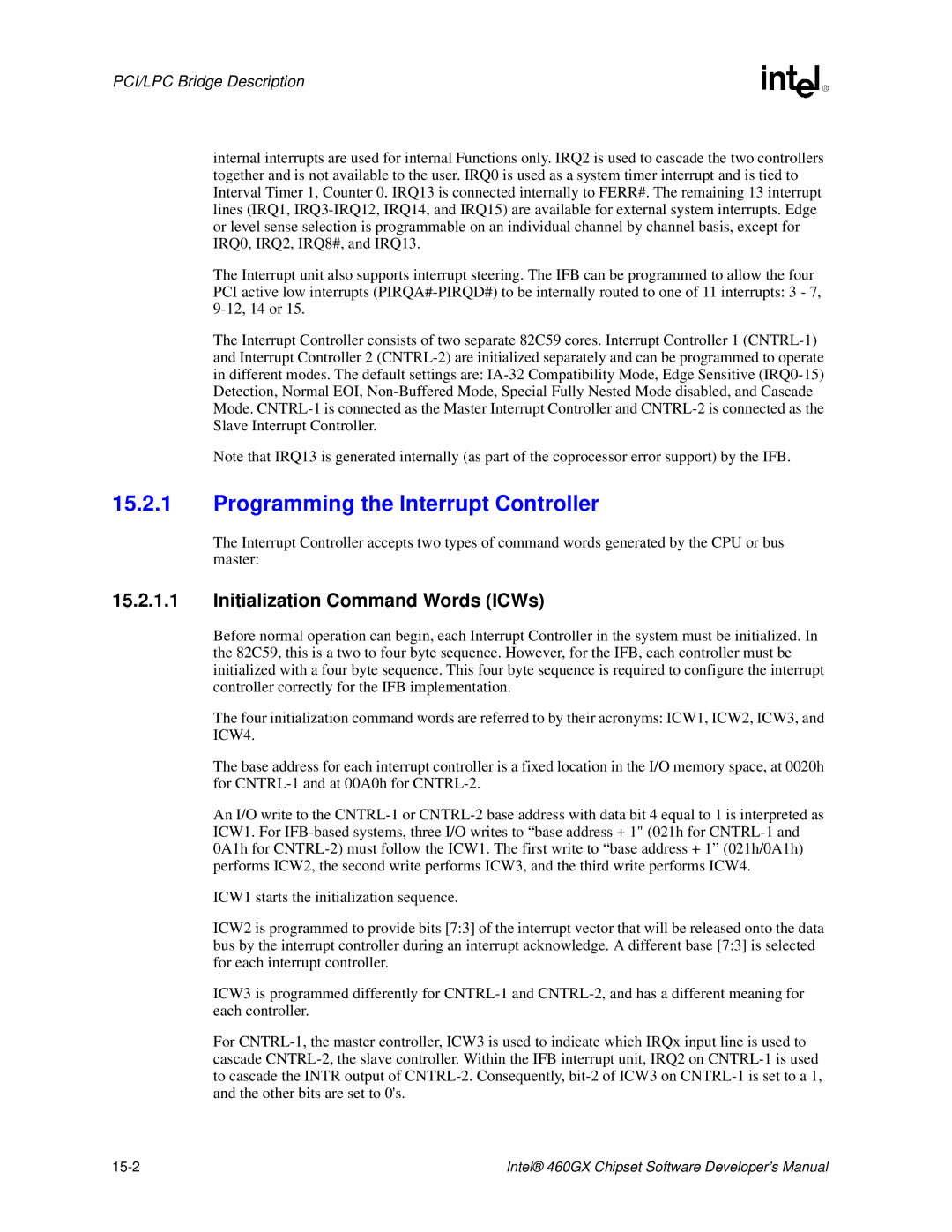 Intel 460GX manual Programming the Interrupt Controller, Initialization Command Words ICWs, 15-2 