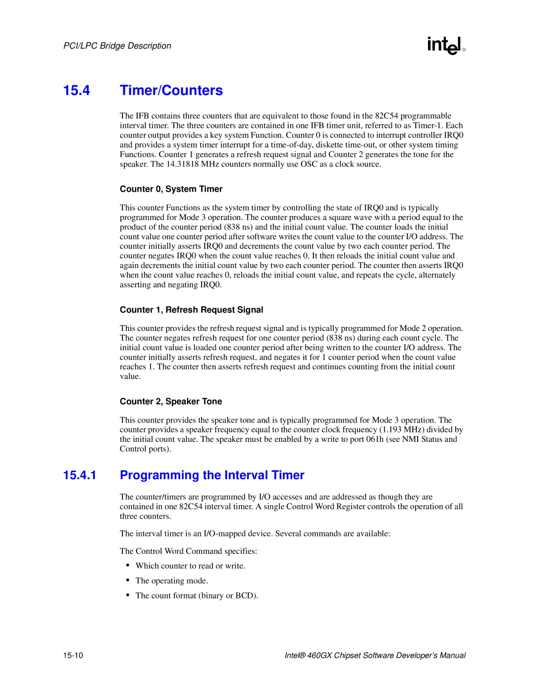 Intel 460GX manual Timer/Counters, Programming the Interval Timer, 15-10 