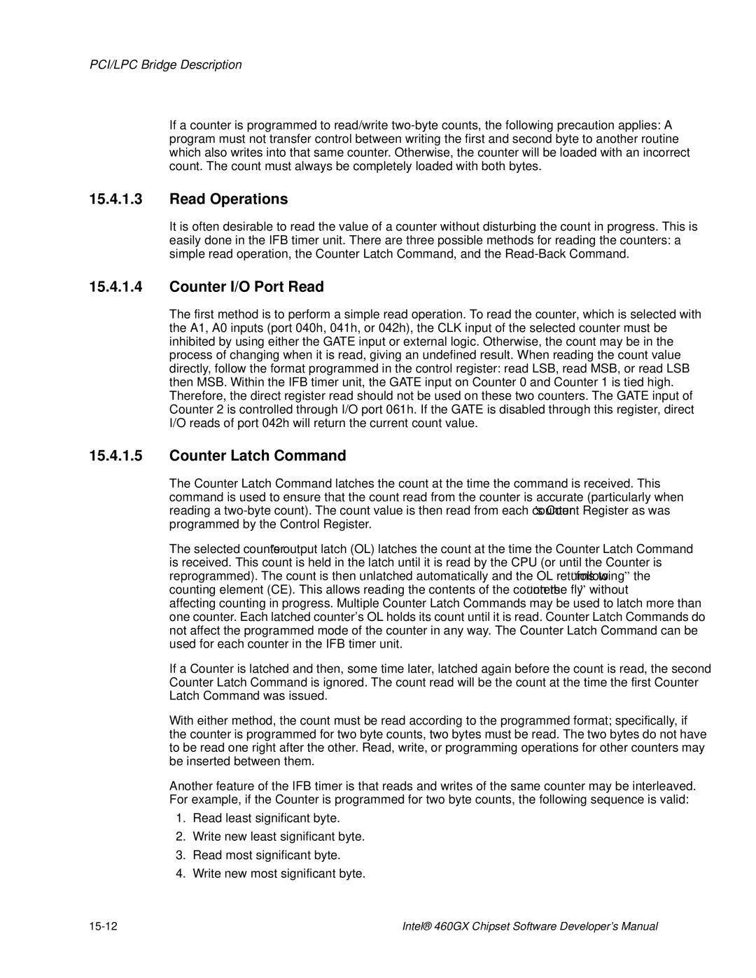 Intel 460GX manual Read Operations, Counter I/O Port Read, Counter Latch Command, 15-12 