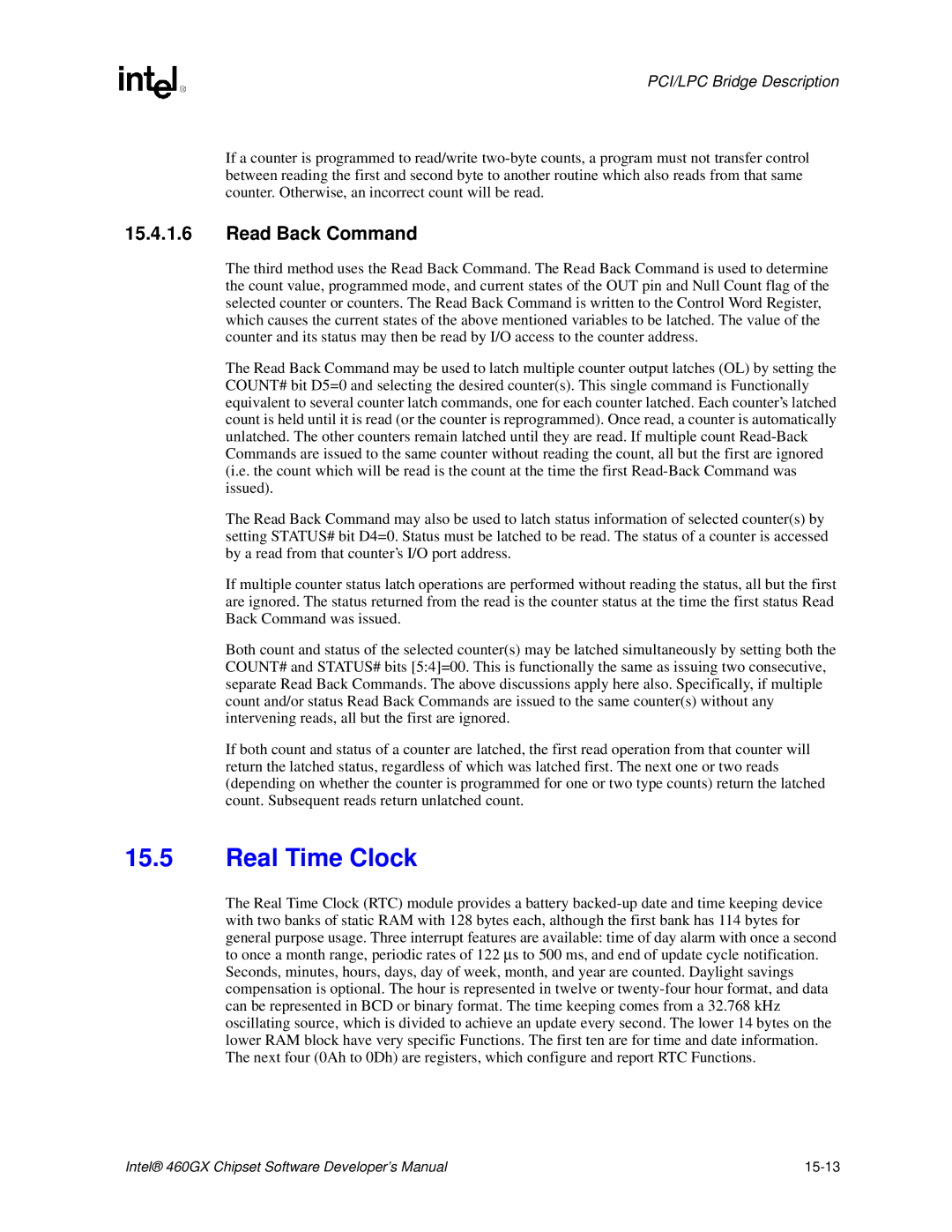 Intel 460GX manual Real Time Clock, Read Back Command 