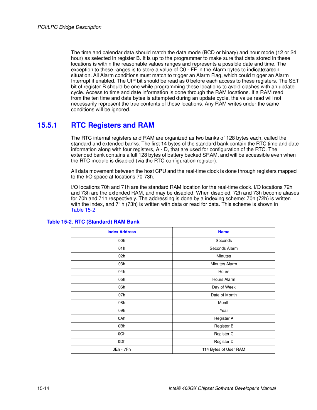 Intel 460GX manual RTC Registers and RAM, RTC Standard RAM Bank, Index Address Name 