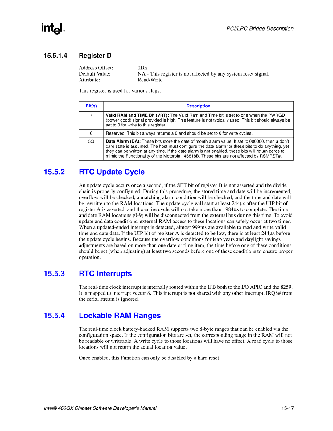 Intel 460GX manual RTC Update Cycle, RTC Interrupts, Lockable RAM Ranges, Register D 