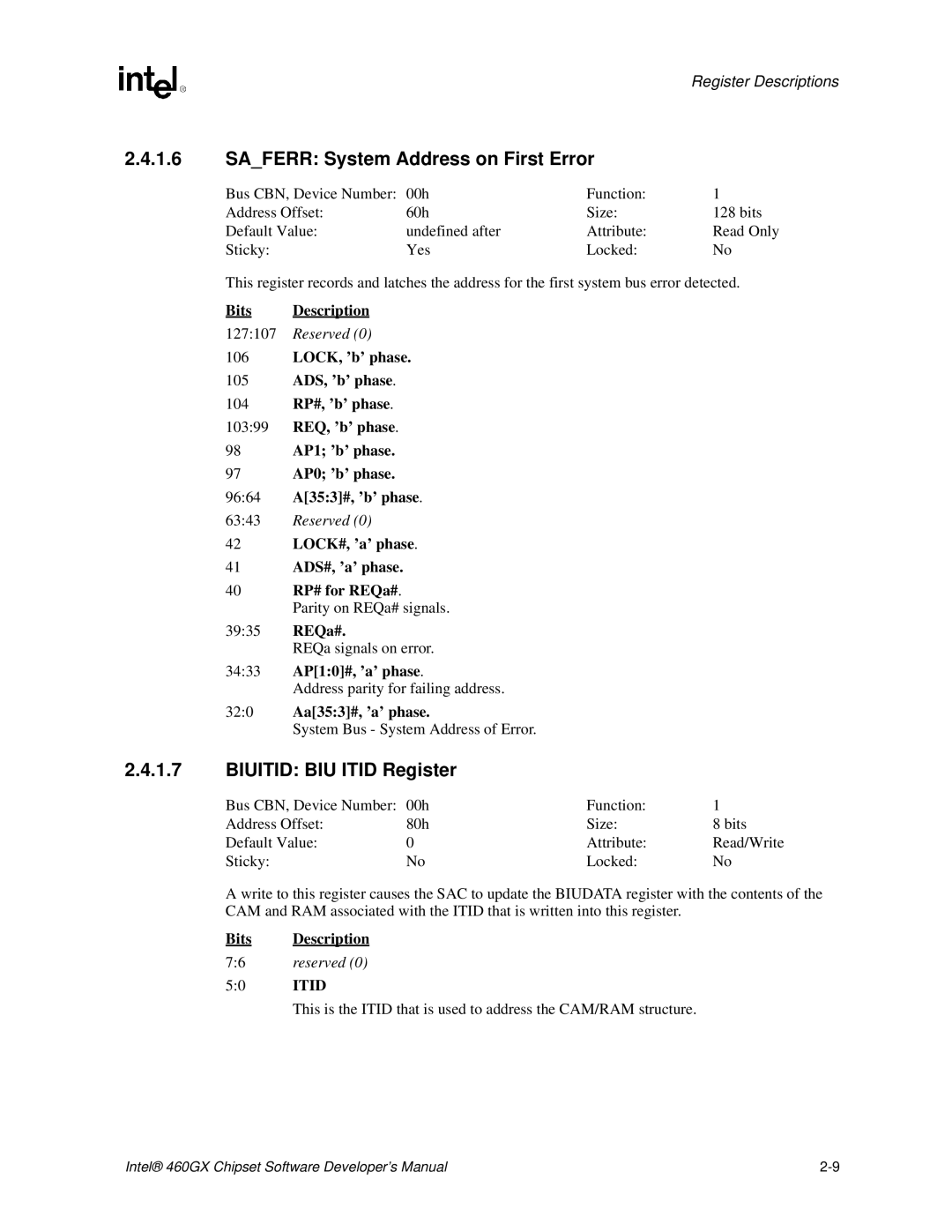 Intel 460GX manual Saferr System Address on First Error, Biuitid BIU Itid Register 