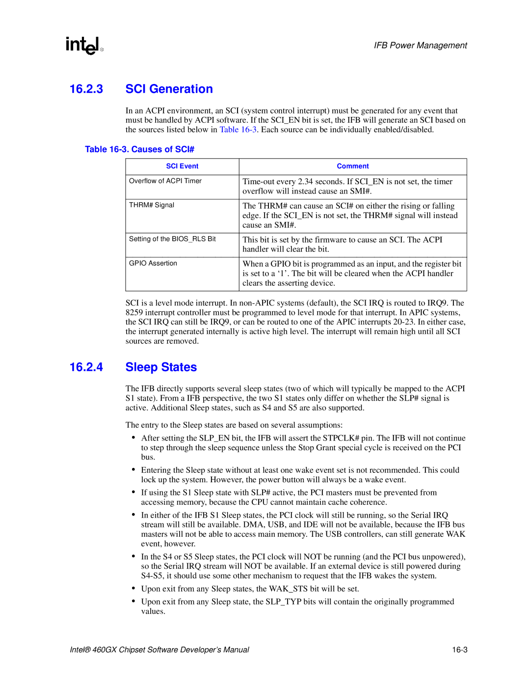 Intel 460GX manual SCI Generation, Sleep States, Causes of SCI#, SCI Event Comment 