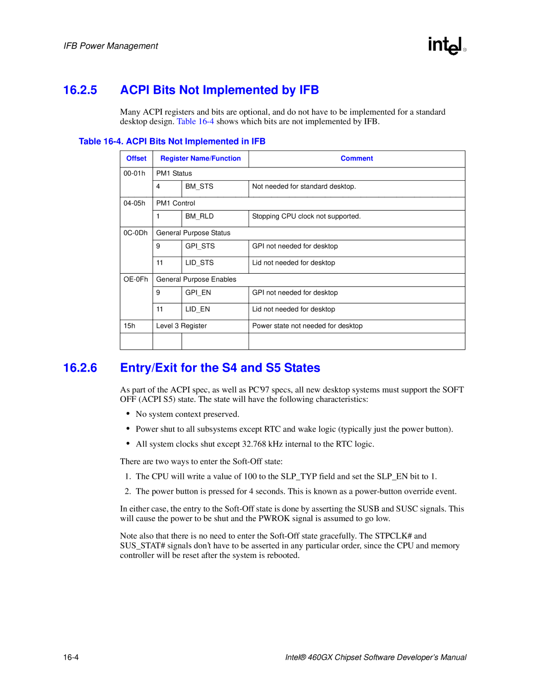 Intel 460GX manual Acpi Bits Not Implemented by IFB, Entry/Exit for the S4 and S5 States, Acpi Bits Not Implemented in IFB 