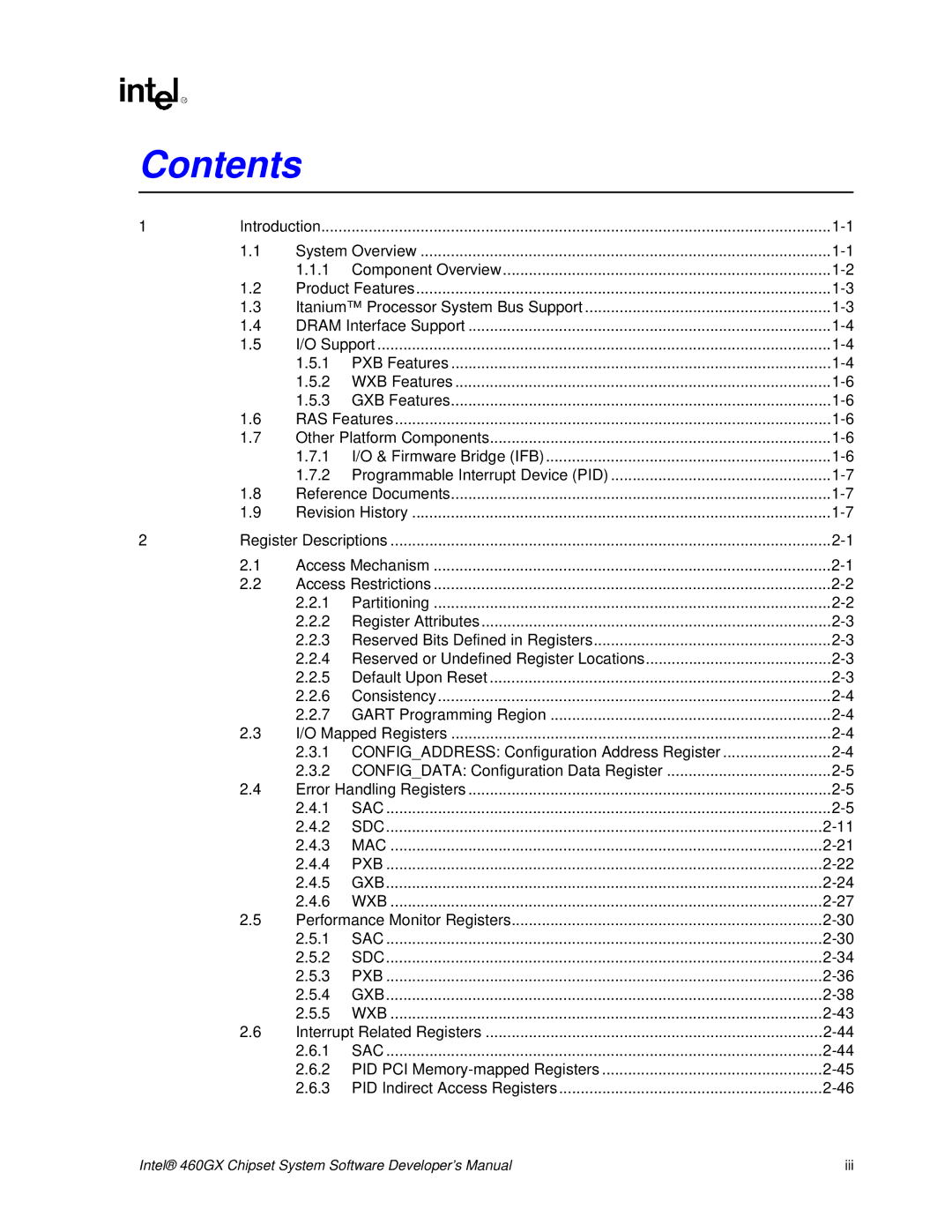 Intel 460GX manual Contents 