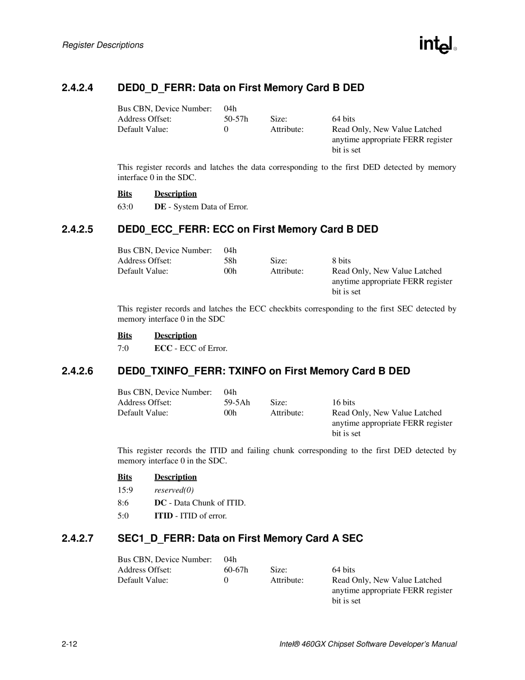 Intel 460GX manual 2.4 DED0DFERR Data on First Memory Card B DED, 2.5 DED0ECCFERR ECC on First Memory Card B DED 