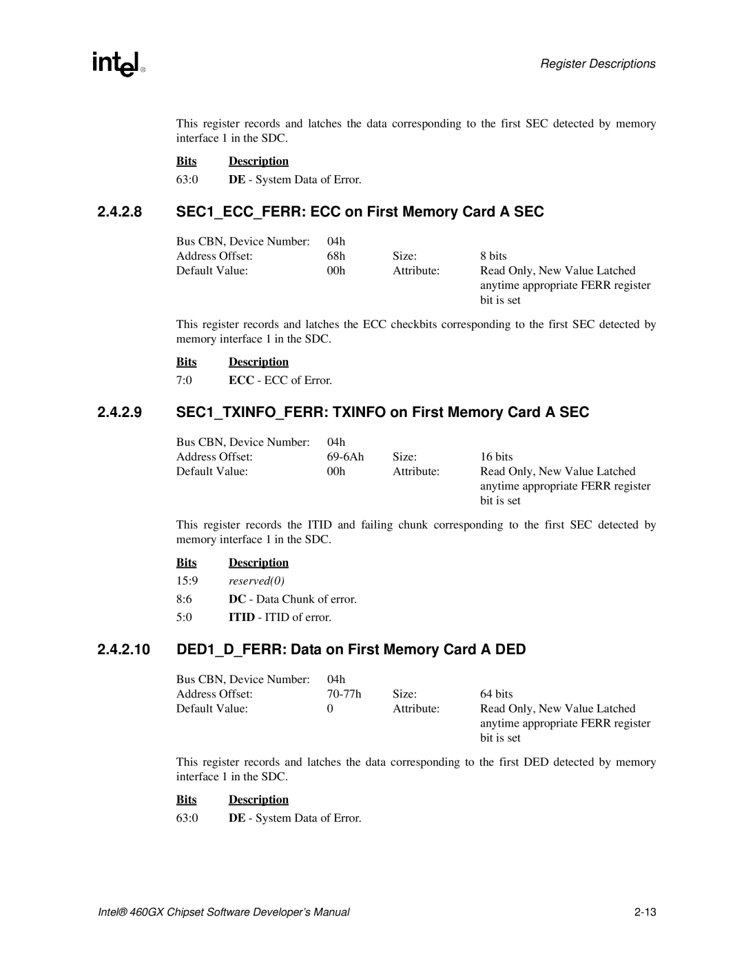 Intel 460GX manual 2.8 SEC1ECCFERR ECC on First Memory Card a SEC, 2.9 SEC1TXINFOFERR Txinfo on First Memory Card a SEC 