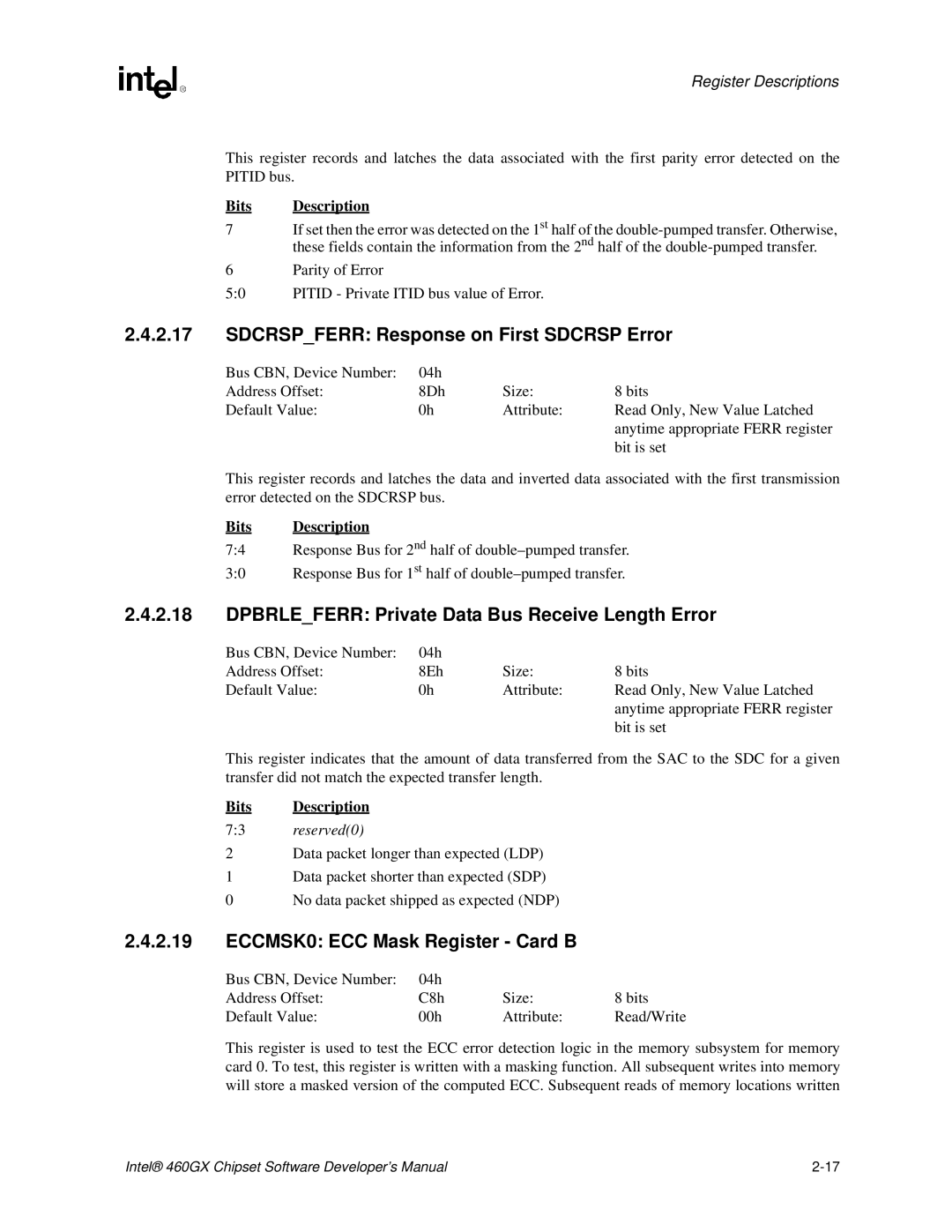 Intel 460GX manual Sdcrspferr Response on First Sdcrsp Error, Dpbrleferr Private Data Bus Receive Length Error 