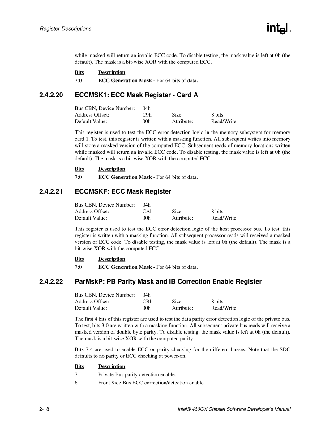 Intel 460GX manual ECCMSK1 ECC Mask Register Card a, Eccmskf ECC Mask Register 