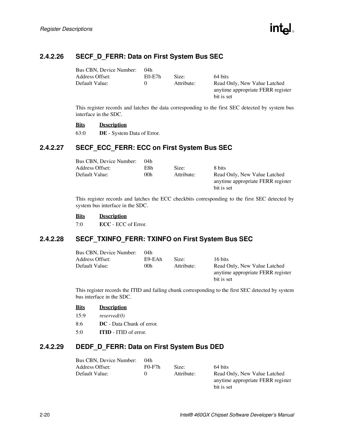 Intel 460GX manual Secfdferr Data on First System Bus SEC, Secfeccferr ECC on First System Bus SEC 