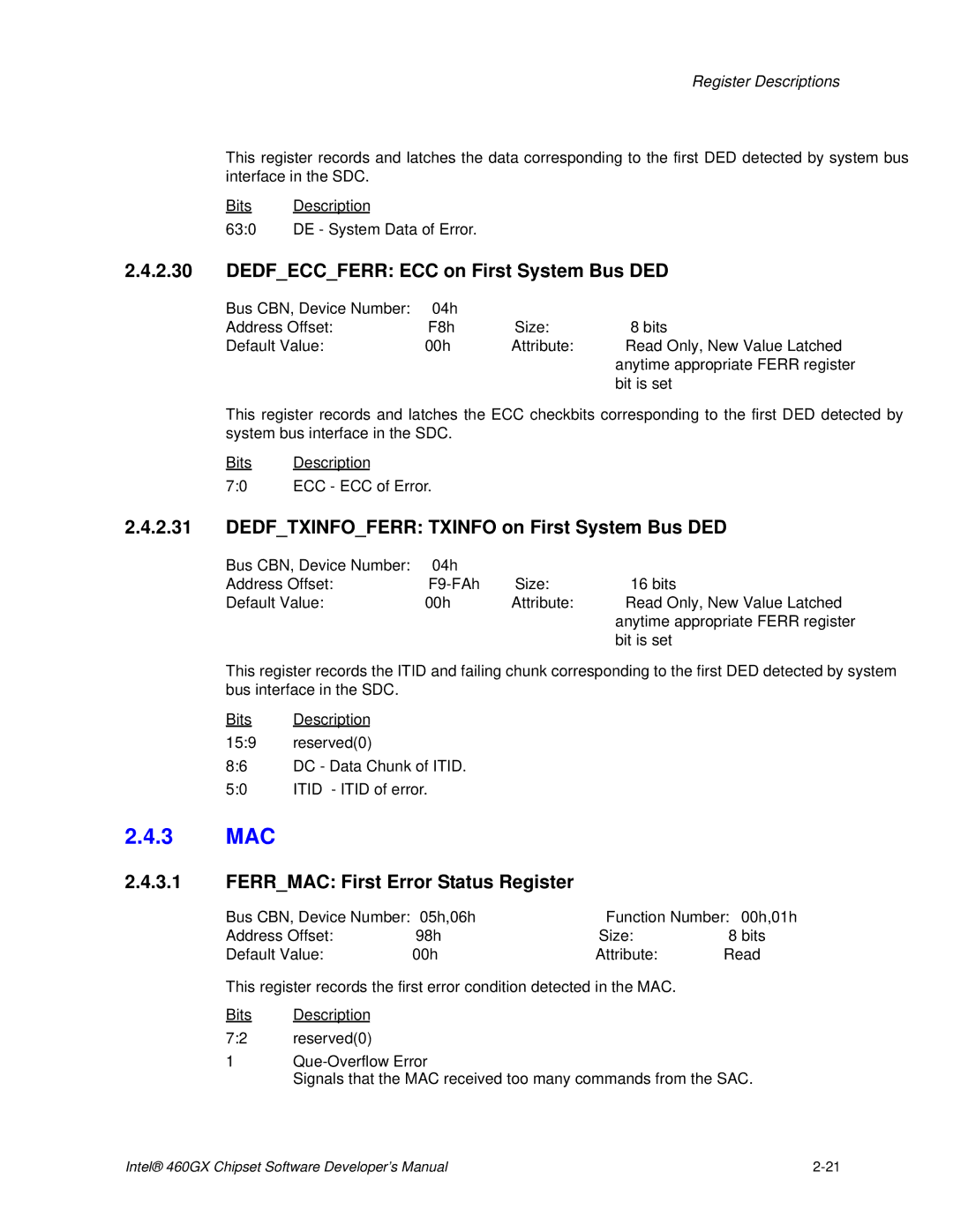 Intel 460GX manual 3 MAC, Dedfeccferr ECC on First System Bus DED, Dedftxinfoferr Txinfo on First System Bus DED 