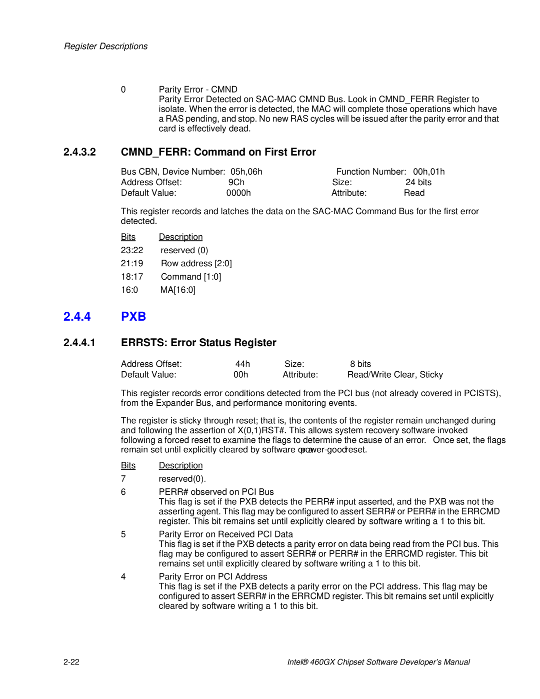 Intel 460GX manual 4 PXB, Cmndferr Command on First Error, Errsts Error Status Register 