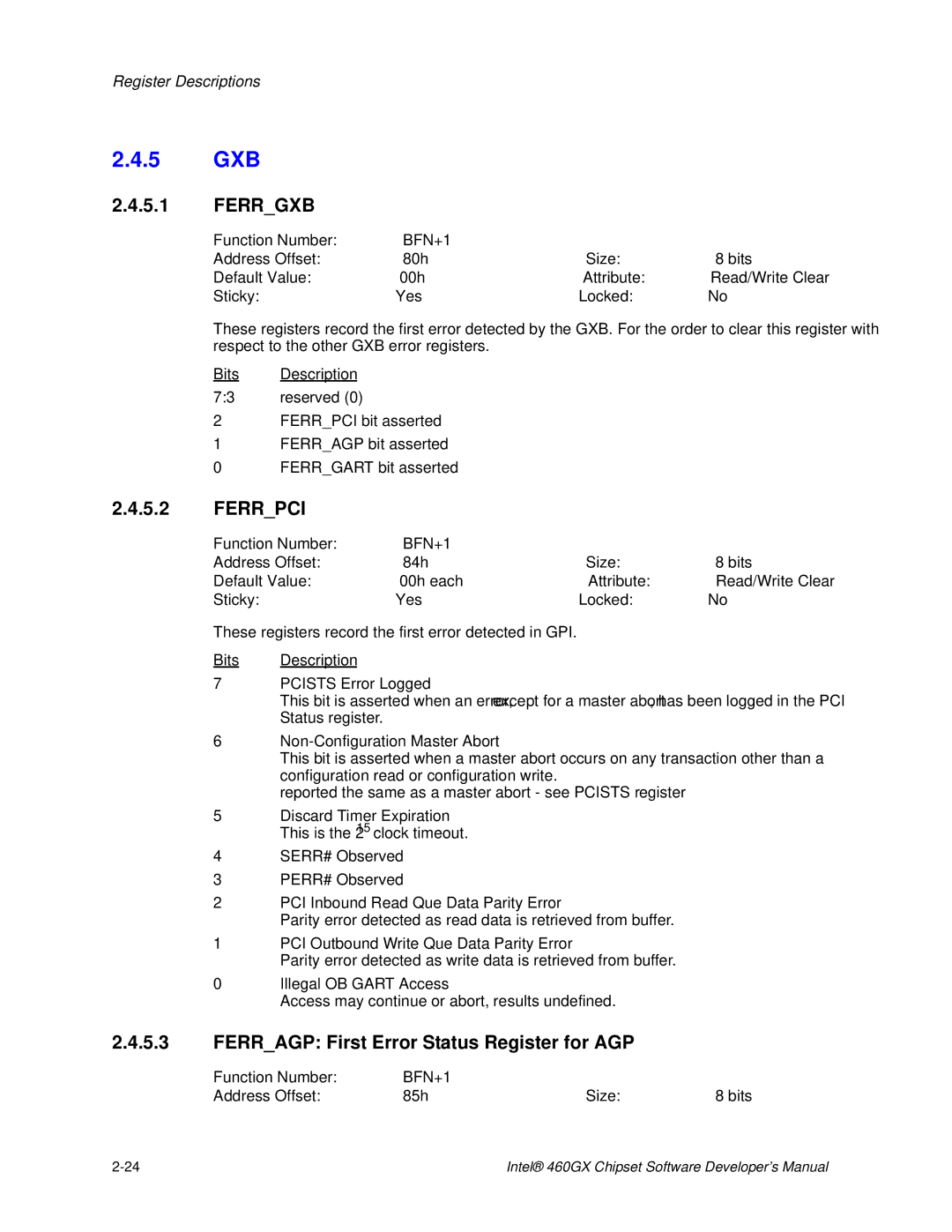 Intel 460GX manual 5 GXB, 5.1, Ferrpci, Ferragp First Error Status Register for AGP 