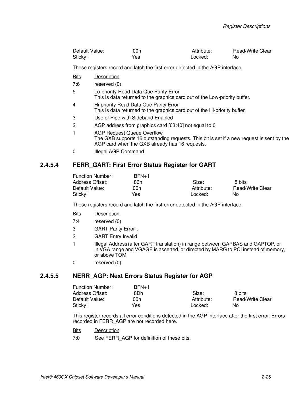 Intel 460GX manual Ferrgart First Error Status Register for Gart, Nerragp Next Errors Status Register for AGP 