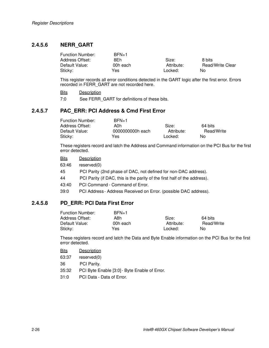 Intel 460GX manual Nerrgart, Pacerr PCI Address & Cmd First Error, Pderr PCI Data First Error 