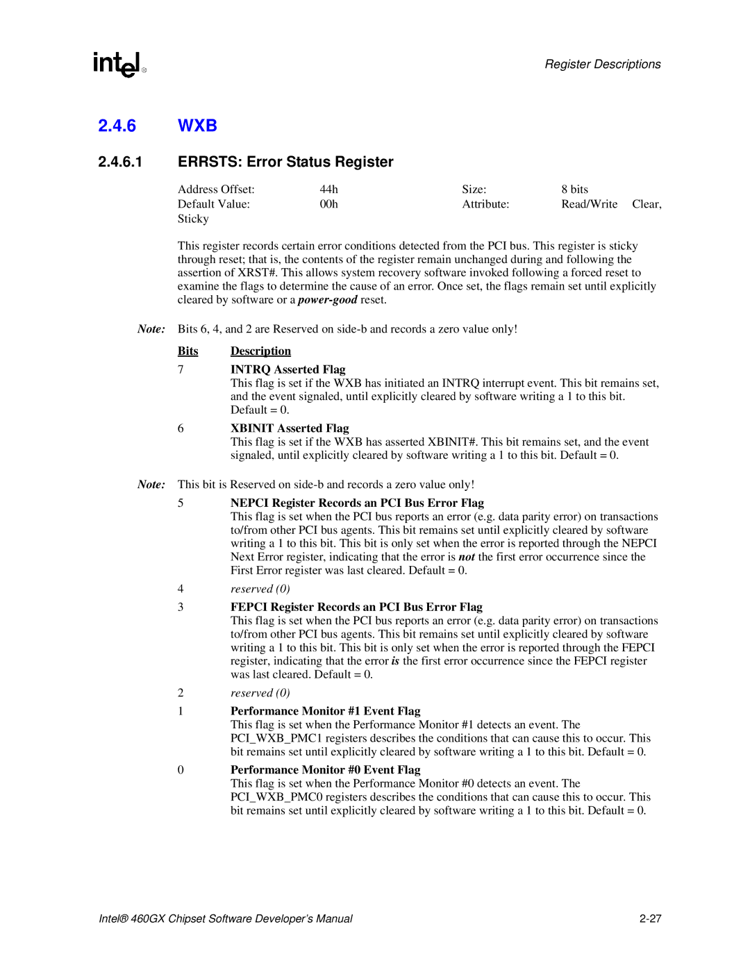 Intel 460GX manual 6 WXB, Bits Description Intrq Asserted Flag, Xbinit Asserted Flag 