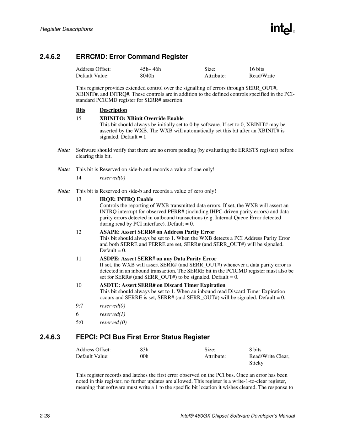 Intel 460GX manual Fepci PCI Bus First Error Status Register 