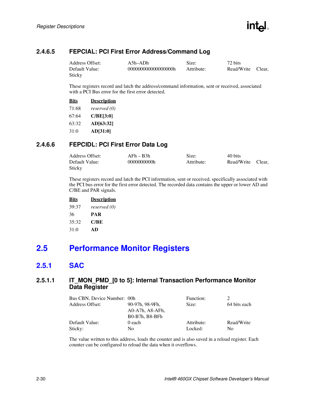 Intel 460GX Performance Monitor Registers, Fepcial PCI First Error Address/Command Log, Fepcidl PCI First Error Data Log 